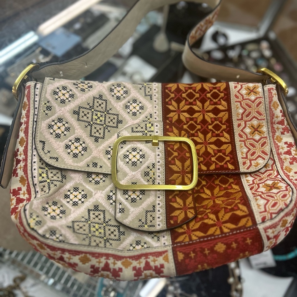 Tory Burch "Sawyer Embroidered Suede Patchwork" Handbag